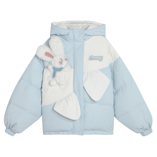 森女部落原创baby蓝治愈可爱半立体小白兔90绒子羽绒服冬天厚外套