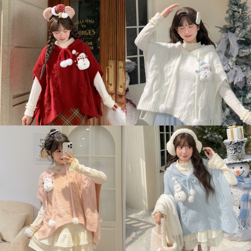 森女部落甜美风雪人设计感连帽斗篷女2026新款宽松显瘦针织衫秋冬