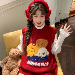 秋季 森女部落甜美风可爱小狗刺绣马甲女减龄百搭无袖 上衣2025新款