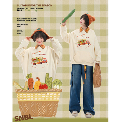 森女部落童趣减龄设计感刺绣宽松卫衣女2025新款纯棉圆领上衣秋季