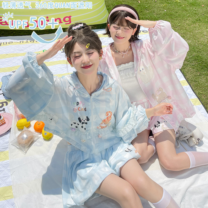 森女部落原创可爱格子设计感连帽防晒服女外套短裤套装夏季外出