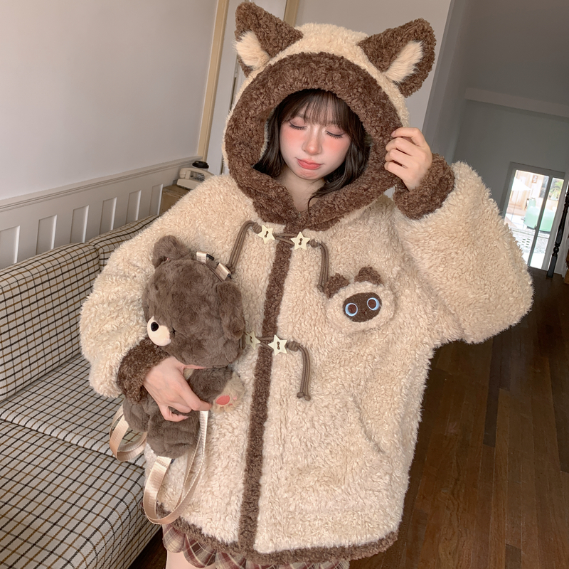 新品限时88折森女部落设计感浣熊连帽绒衫卫衣女新款宽松保暖外套