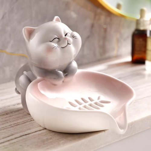 陶瓷可爱猫锦鲤沥水香皂盒