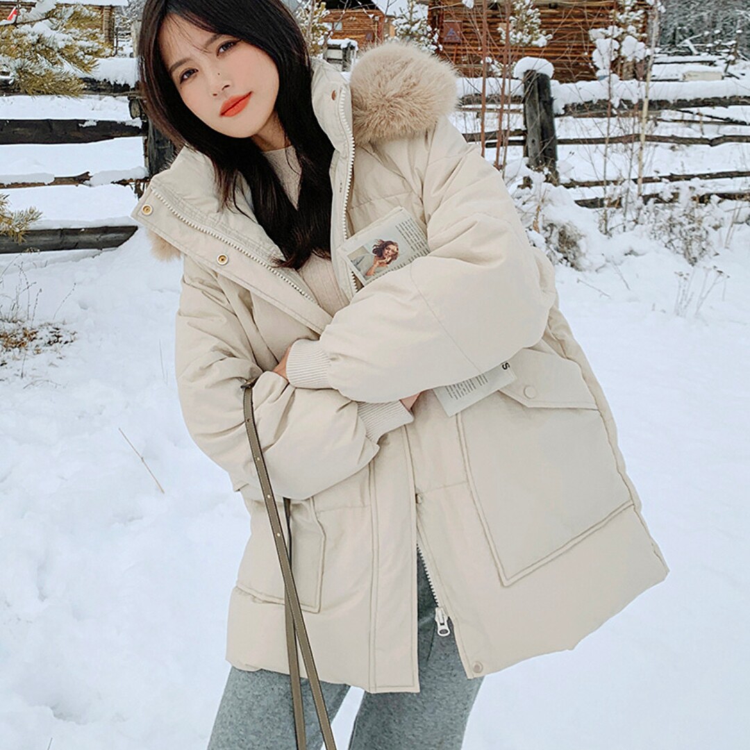 网图短款羽绒棉服女2025冬季小个子加厚连帽大毛领韩版休闲宽松型