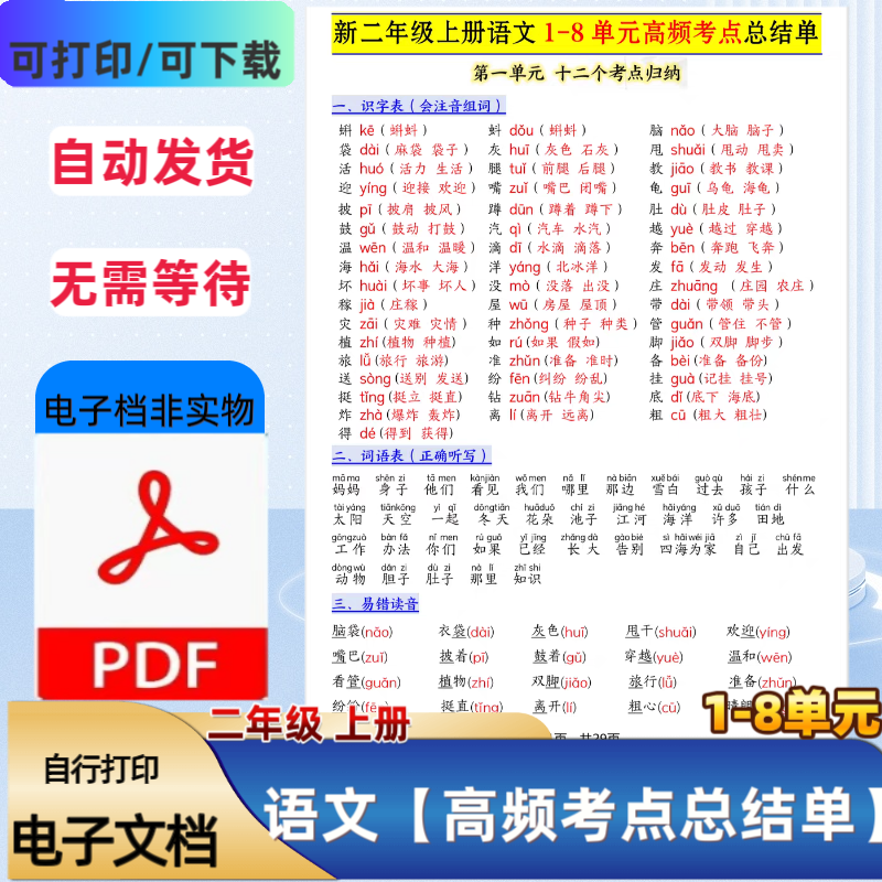 25新二年级上册语文1-8单元高频考点总结单考前冲刺PDF电子档
