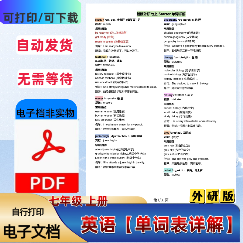 七年级上册英语外研版单词详解课本同步重点单词详解PDF电子档