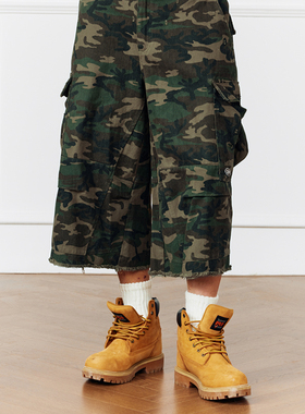 oarism 破坏做旧迷彩八分裤日系男宽松水洗休闲军绿色工装阔腿裤