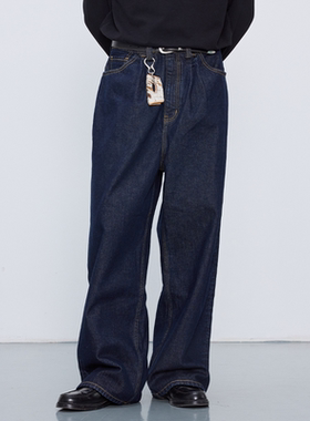 oarism 原色单宁牛仔裤男女宽松复古水洗深蓝色百搭休闲直筒长裤