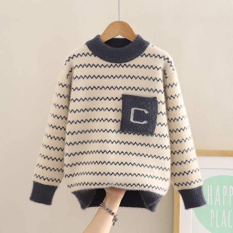 儿童毛衣秋冬装2025新款加厚圆领中大童针织套头水貂绒男童打底衫