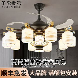新中式风扇灯吊扇灯电风扇隐形带灯大灯家用餐厅茶室中国风客厅灯