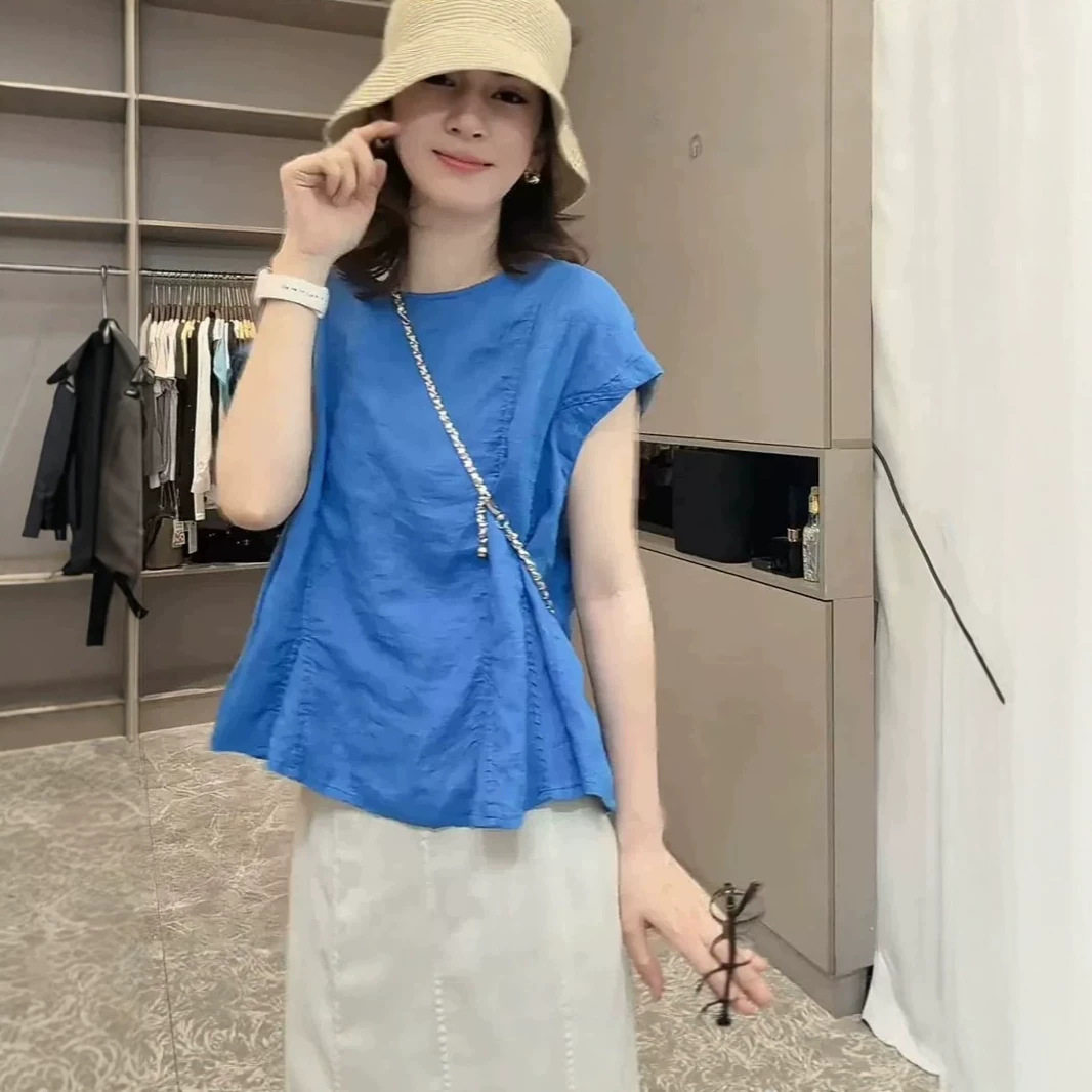 亚麻短袖宽松透气褶皱圆领衬衫女