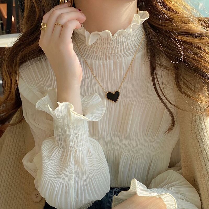 立领杏色蕾丝打底衫女春秋2026新款加绒内搭雪纺衬衫木耳边纱上衣