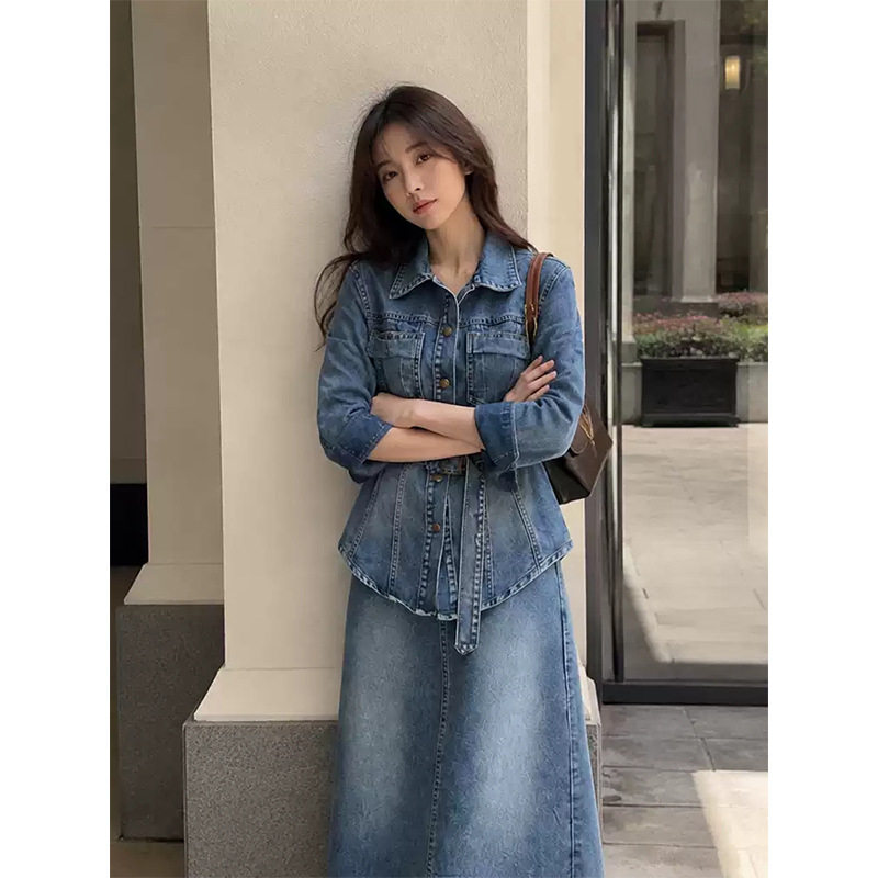 美式辣妹牛仔套装女士秋季短款上衣高腰半身裙两件套显瘦炸街潮