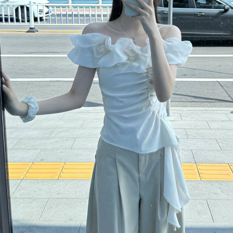 t恤女设计感小众一字领花边褶皱修身显瘦不规则百搭休闲辣妹上衣
