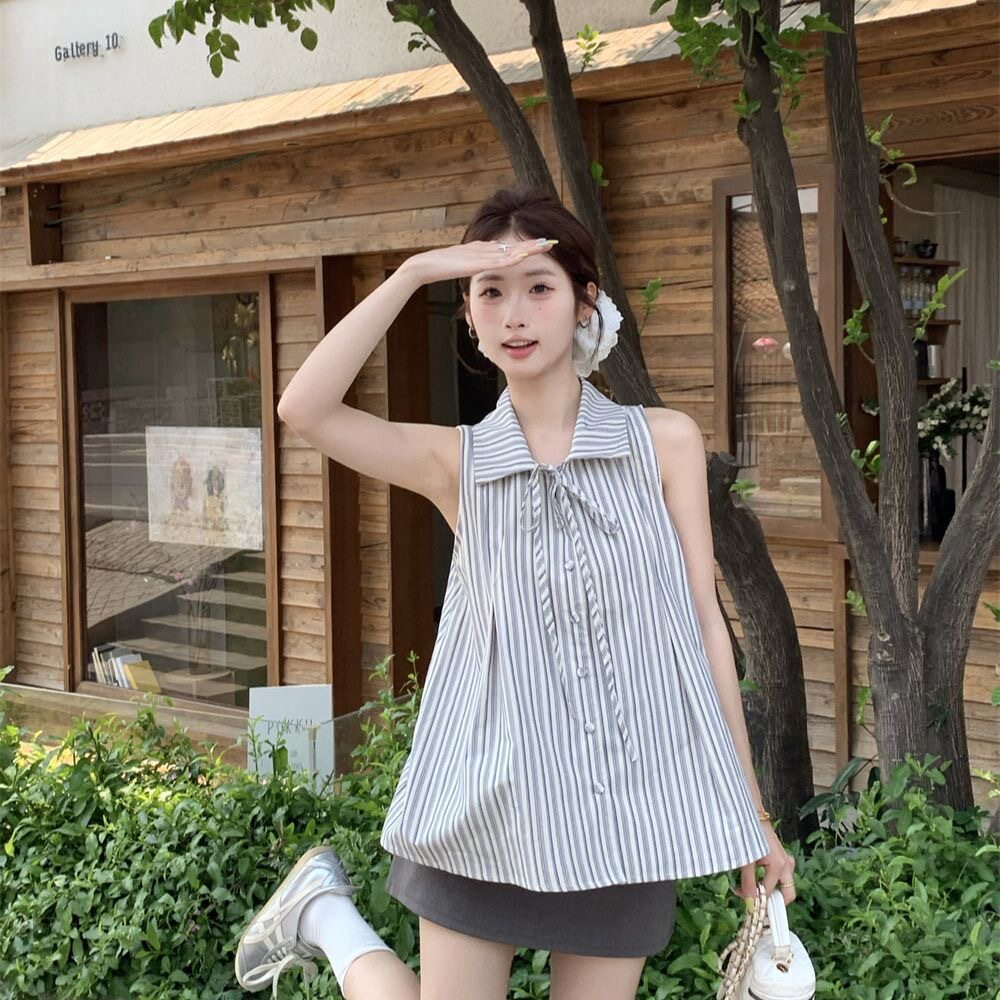 夏季无袖蝴蝶结条纹POLO领衬衫