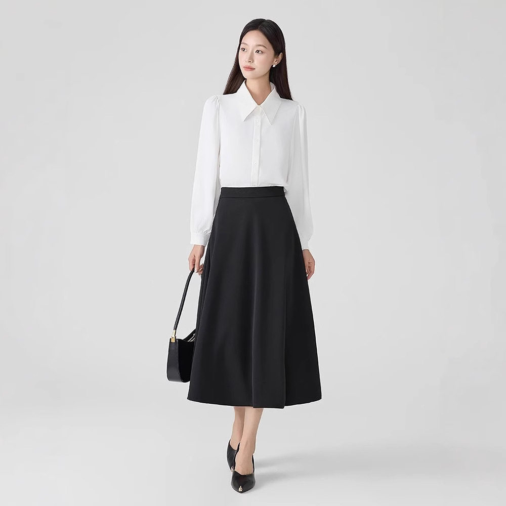 安尘 黑色a字长裙女夏半身裙职业正装伞裙面试衬衫套装西装裙子