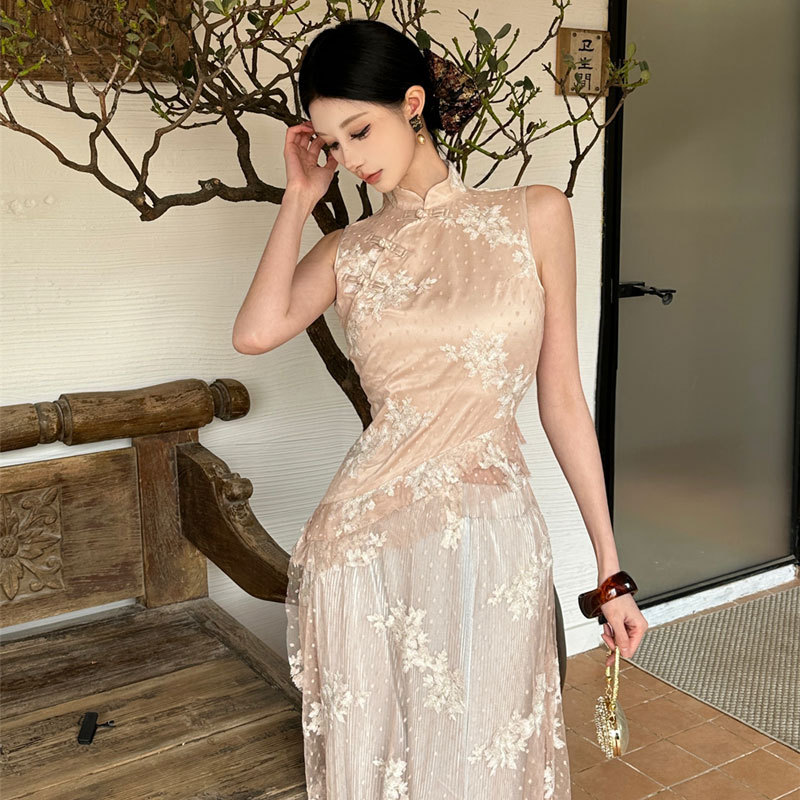 套装女新中式不规则开叉盘扣无袖旗袍连衣裙褶皱宽松阔腿裤两件套