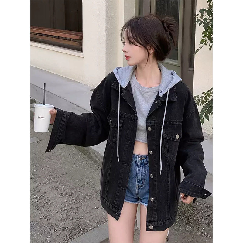 黑色连帽牛仔外套女秋季新款美式复古宽松百搭BF风工装夹克上衣潮