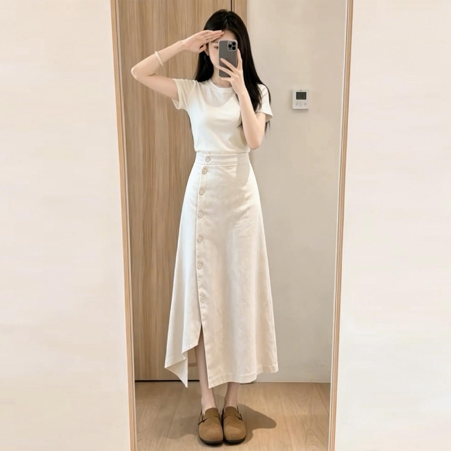 2026新款短袖T恤半身连衣裙女夏季小个子巨好看穿搭一整套装长裙