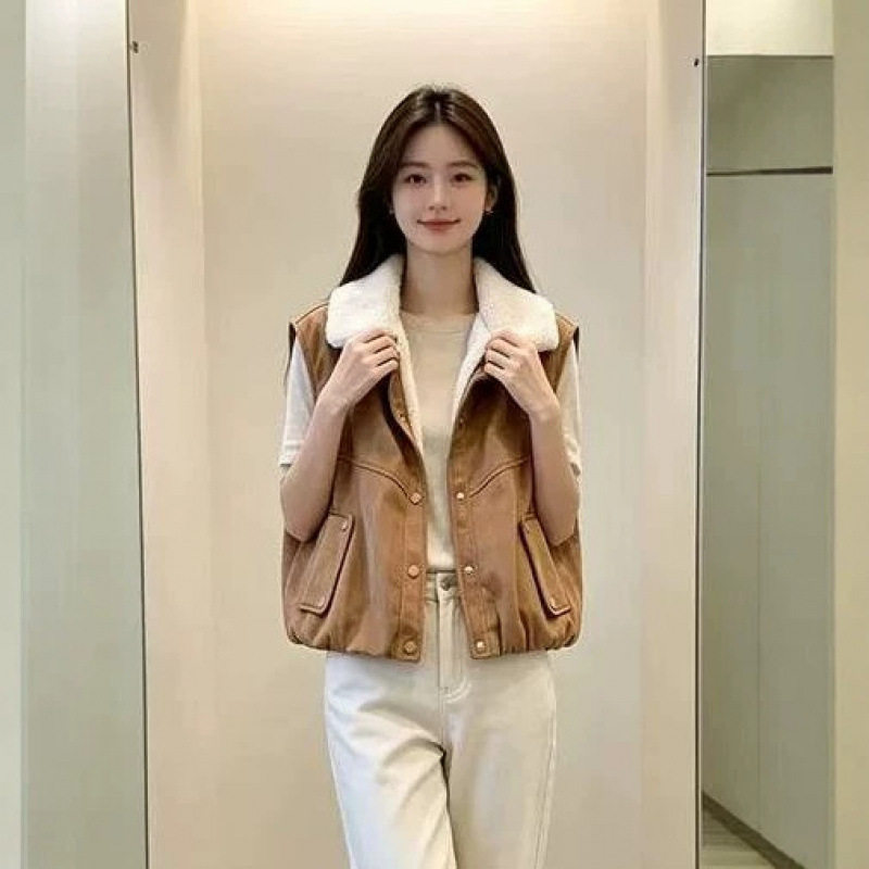 韩版翻领鹿皮绒马甲女2026秋冬新款百搭显瘦加绒加厚休闲减龄马夹