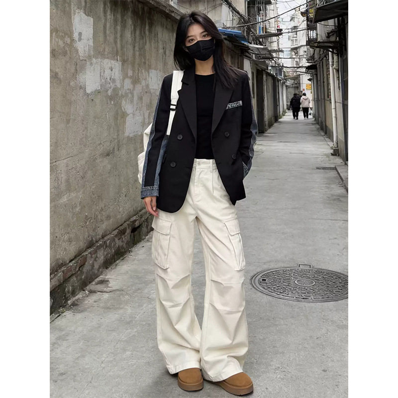 秋季拼接西装外套女士设计感小众高街甜酷牛仔撞色休闲小西服上衣