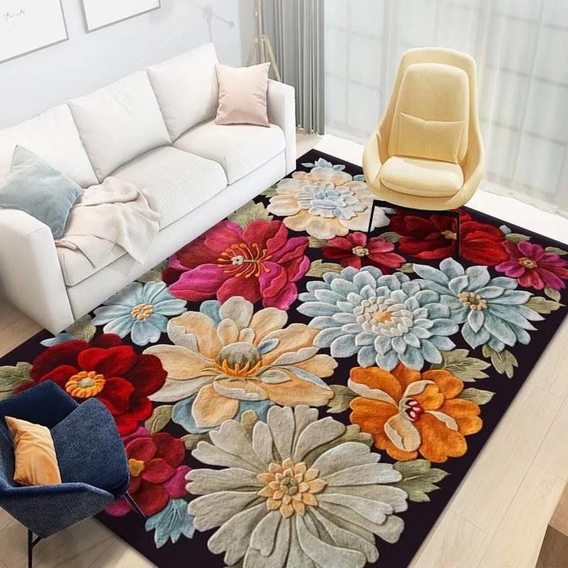 加厚地毯客厅地毯茶几毯仿羊绒棉麻防滑榻榻米牡丹花中式家用地垫