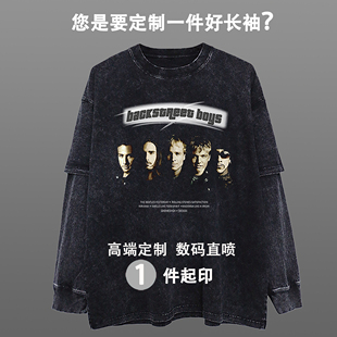 春秋长袖 T印花高端定制康丽直喷水洗做旧T恤印图宽松纯棉衣服diy