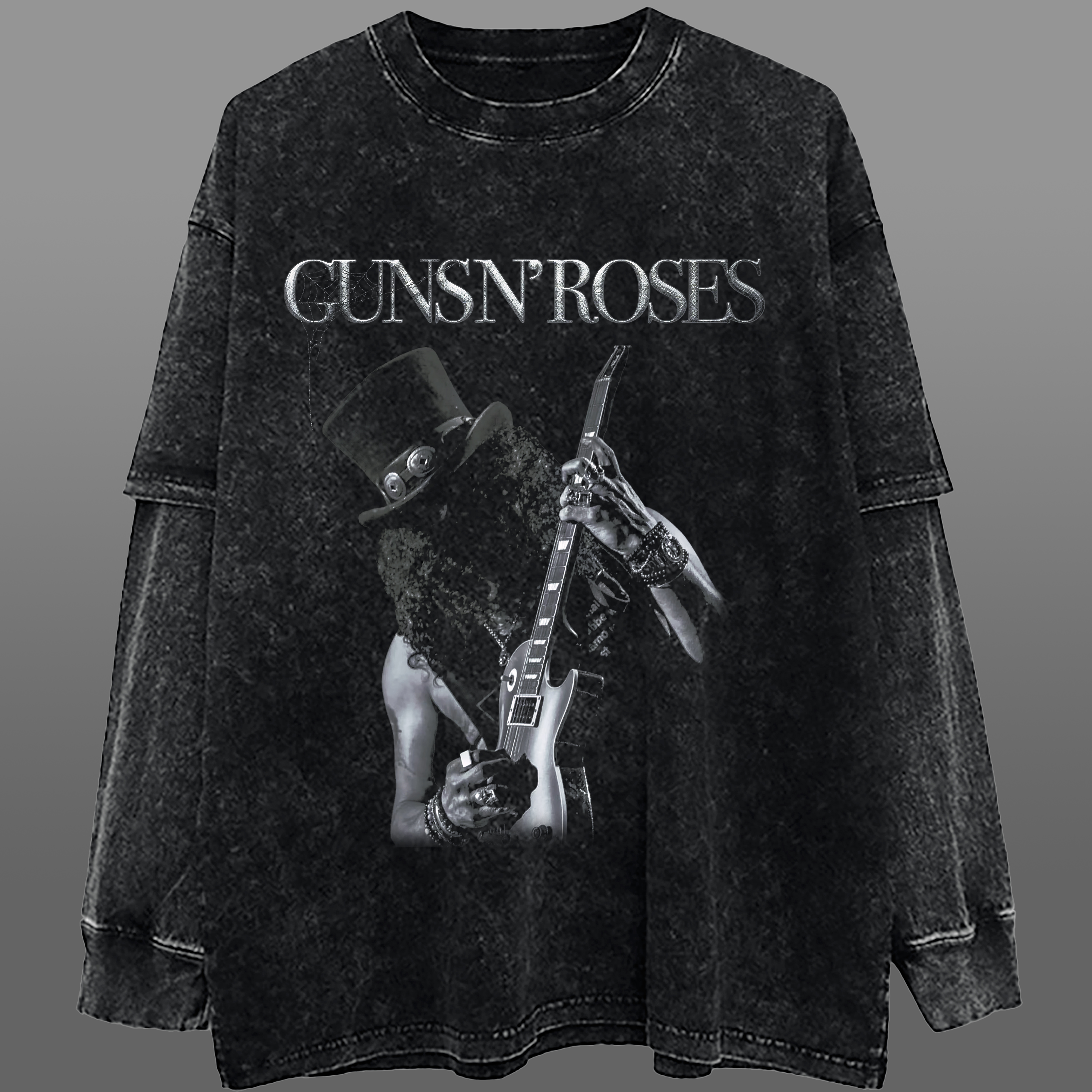 水洗做旧枪花摇滚乐队假两件长袖