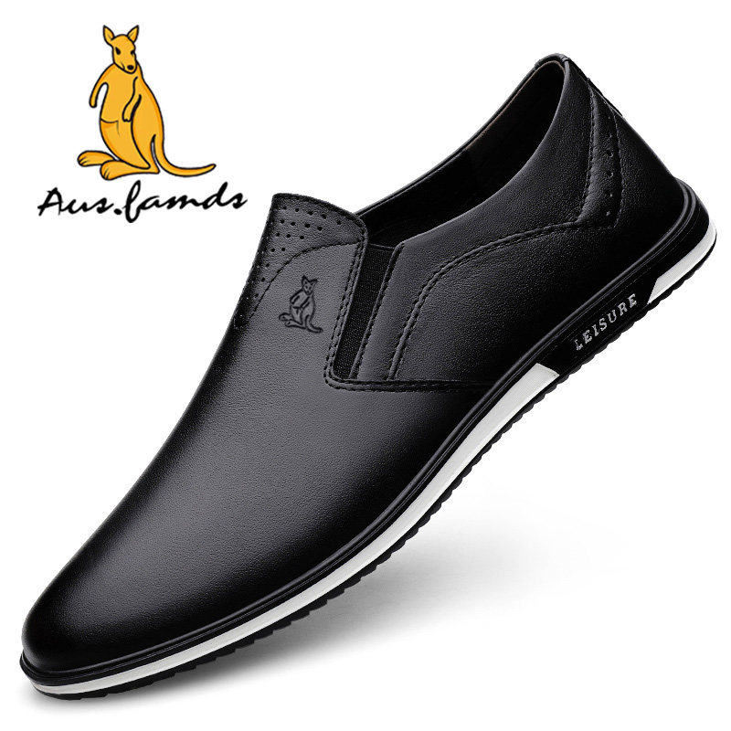 澳洲名袋鼠男鞋冬季新款加厚真皮耐磨鞋子一脚蹬商务休闲皮鞋男士