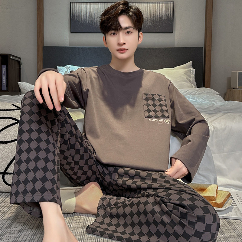 全棉纯棉春季宽松纯棉男士睡衣秋冬季长袖长裤简约大码中青年家居