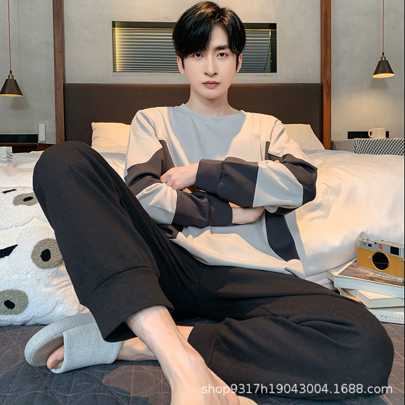 全棉纯棉由果睡衣男秋春季纯棉长袖长裤可外穿套装休闲加大码男士