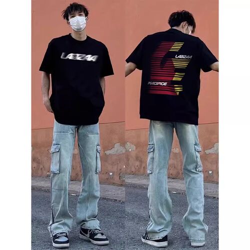 黑色日系cityboy纯棉短袖t恤男夏季潮流潮牌宽松半袖美式复古上衣