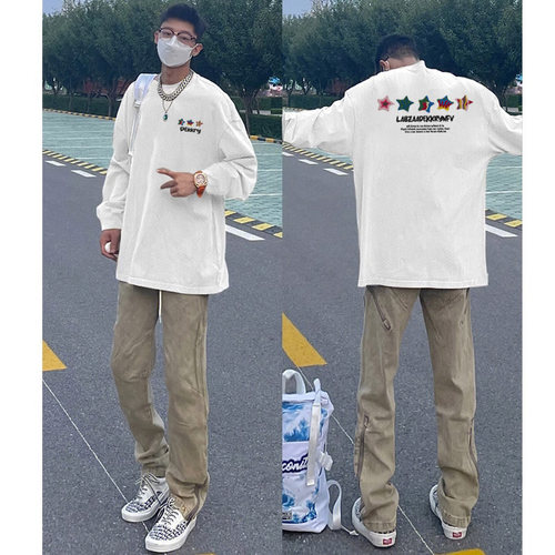 纯棉长袖t恤男2024秋季美式复古潮牌内搭白色打底衫圆领大码衣服