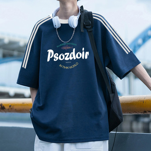 美式复古藏青色三条杠短袖t恤男夏季潮牌重磅纯棉青少年痞帅上衣
