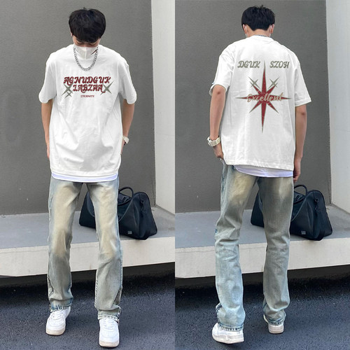 星星字母印花短袖t恤男2025夏季新款高街国潮牌美式复古港风百搭