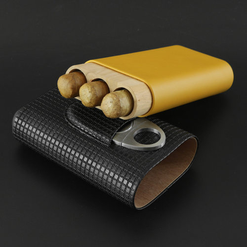 随身便携雪茄盒雪茄皮套雪松木3支装雪茄保湿皮盒带雪茄剪刀