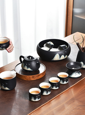 锦绣山河黑陶功夫茶具套装家用泡茶壶盖碗茶杯整套现代办公手绘