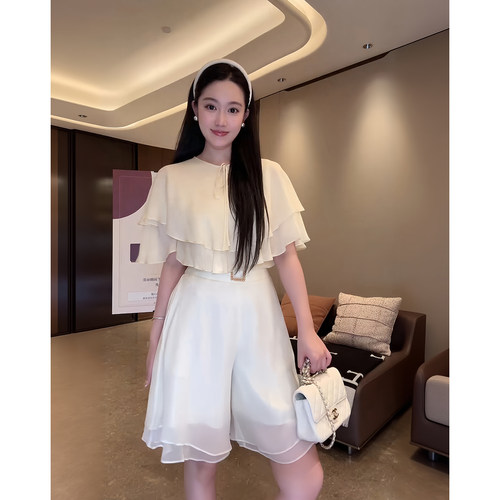 大李plus100人丝双层披肩斗篷衬衫女夏季优雅透气温柔风杏色上衣