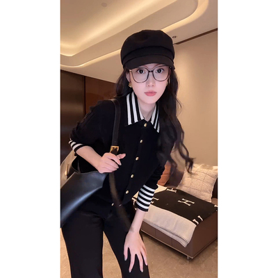 全羊毛黑白条纹翻领针织毛衣开衫