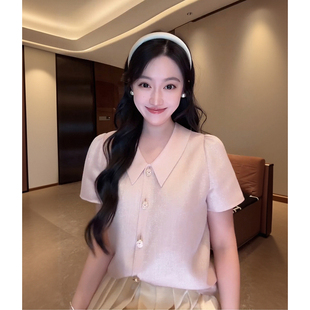 大李plus桑蚕丝亚麻混纺两穿衬衫女夏季法式翻领减龄纯色短袖上衣