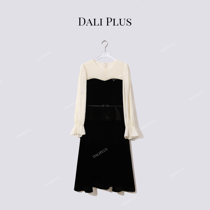 “Lady连衣裙”100真丝丝绒抹胸拼接长袖连衣裙-D5XH0094