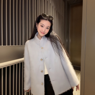 大李plus桑蚕丝羊绒绵羊毛氛围感毛呢外套女秋立领单排扣薄雾大衣