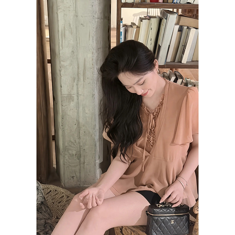 大李plus橘粉色荷叶下摆短袖衬衫女夏季木耳边系带法式优雅上衣
