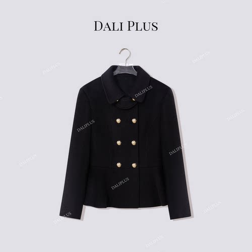 大李plus“100绵羊毛”翻领双排金扣收腰短款毛呢外套-SD604256