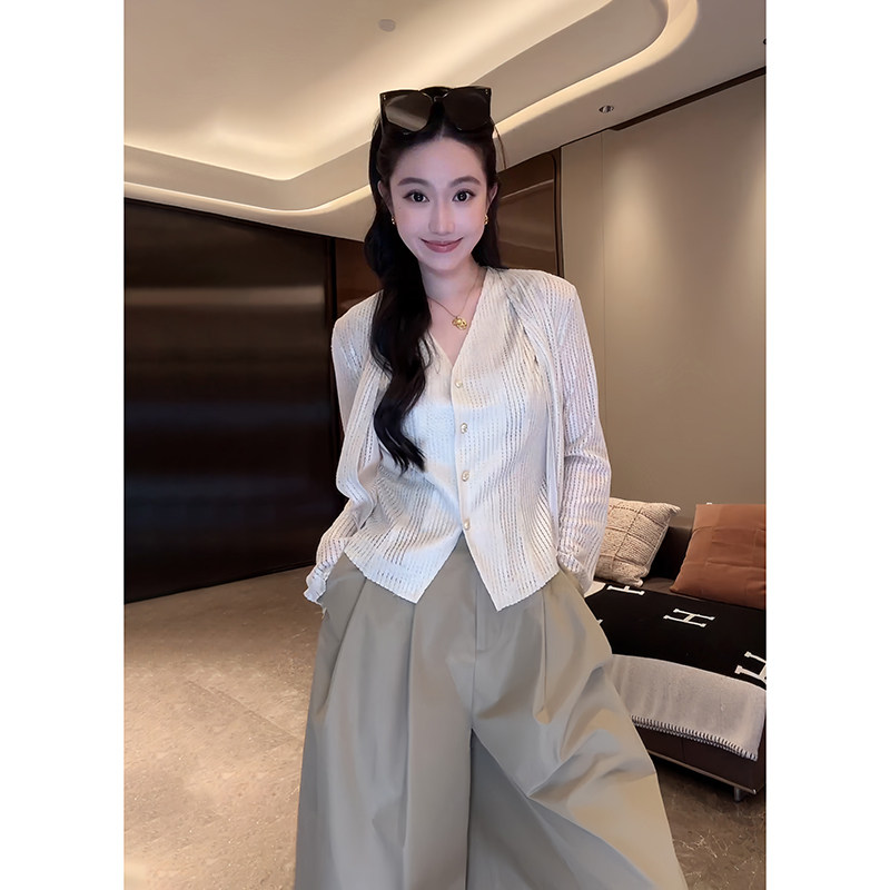 大李plus镂空薄款针织开衫套装女夏季休闲透气长袖上衣+背心马甲