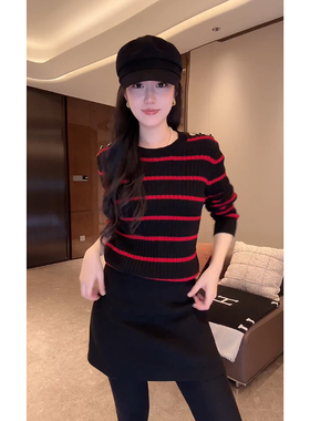 大李plus“圣诞系列红条纹毛衣”羊驼混纺撞色针织-D5MM3323