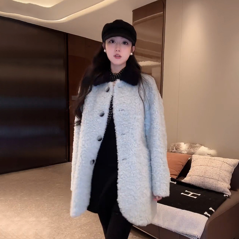 大李plus“藏青领拼蓝色颗粒毛”中长款100绵羊毛外套-D5SC0035