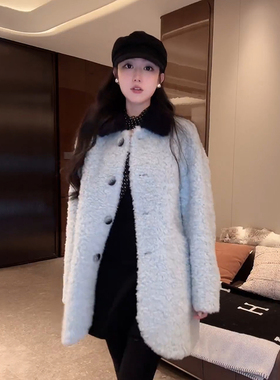 大李plus“藏青领拼蓝色颗粒毛”中长款100绵羊毛外套-D5SC0035