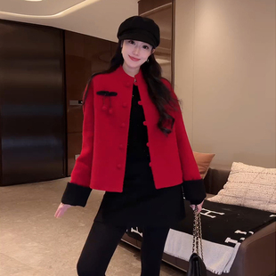 大李plus羊毛呢子95鹅绒羽绒服女冬季高级红色樱桃过年战袍外套