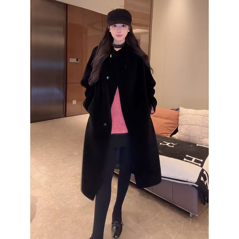 大李plus 黑色一粒扣100羊毛大衣女冬季高级颗粒毛长款毛呢外套